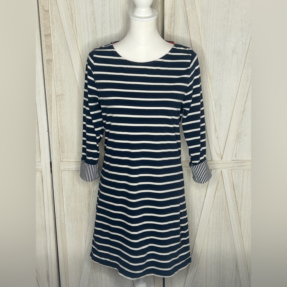 Boden Navy & White Striped Boatneck Shift dress Sz 6R EUC 3/4 sleeve nautical - Picture 2 of 10